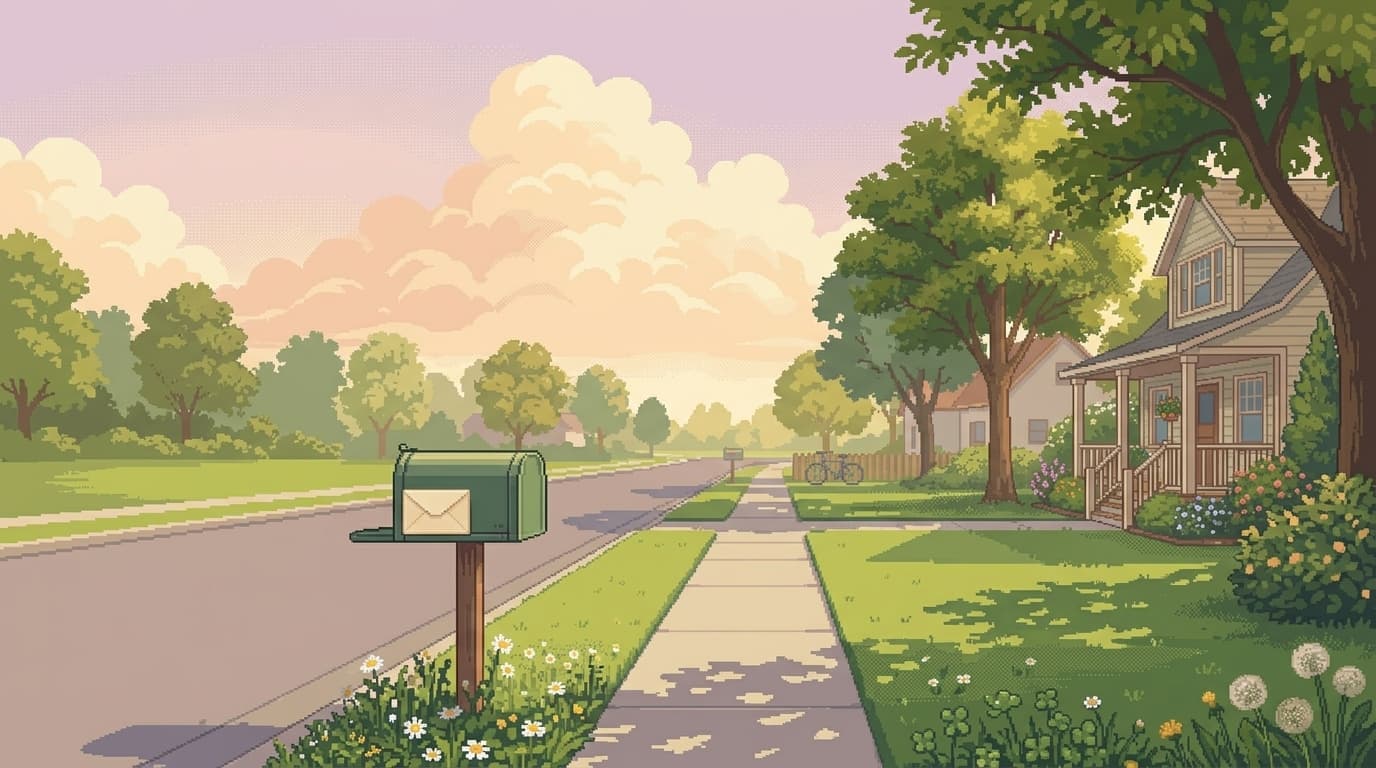 Painterly pixel-art illustration of a row of mailboxes along a quiet residential street.