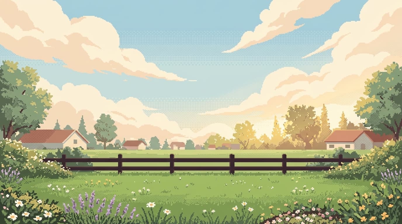 Painterly pixel-art illustration of a wooden fence line along an open field, softly lit.