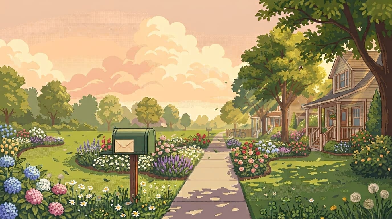Painterly pixel-art illustration of a gravel garden path bordered by hedges, leading toward soft afternoon light.