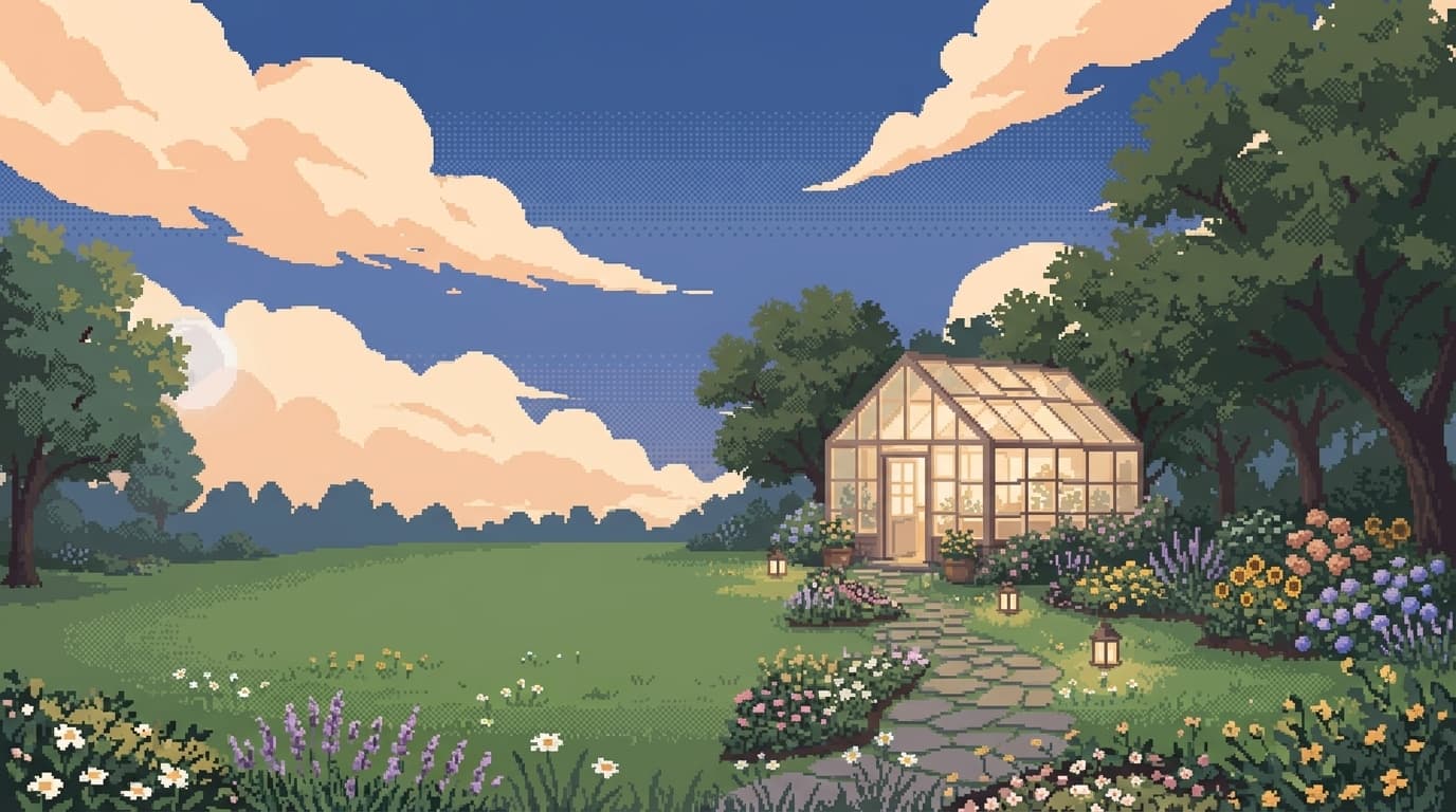 Painterly pixel-art illustration of a glowing greenhouse in a garden at dusk.