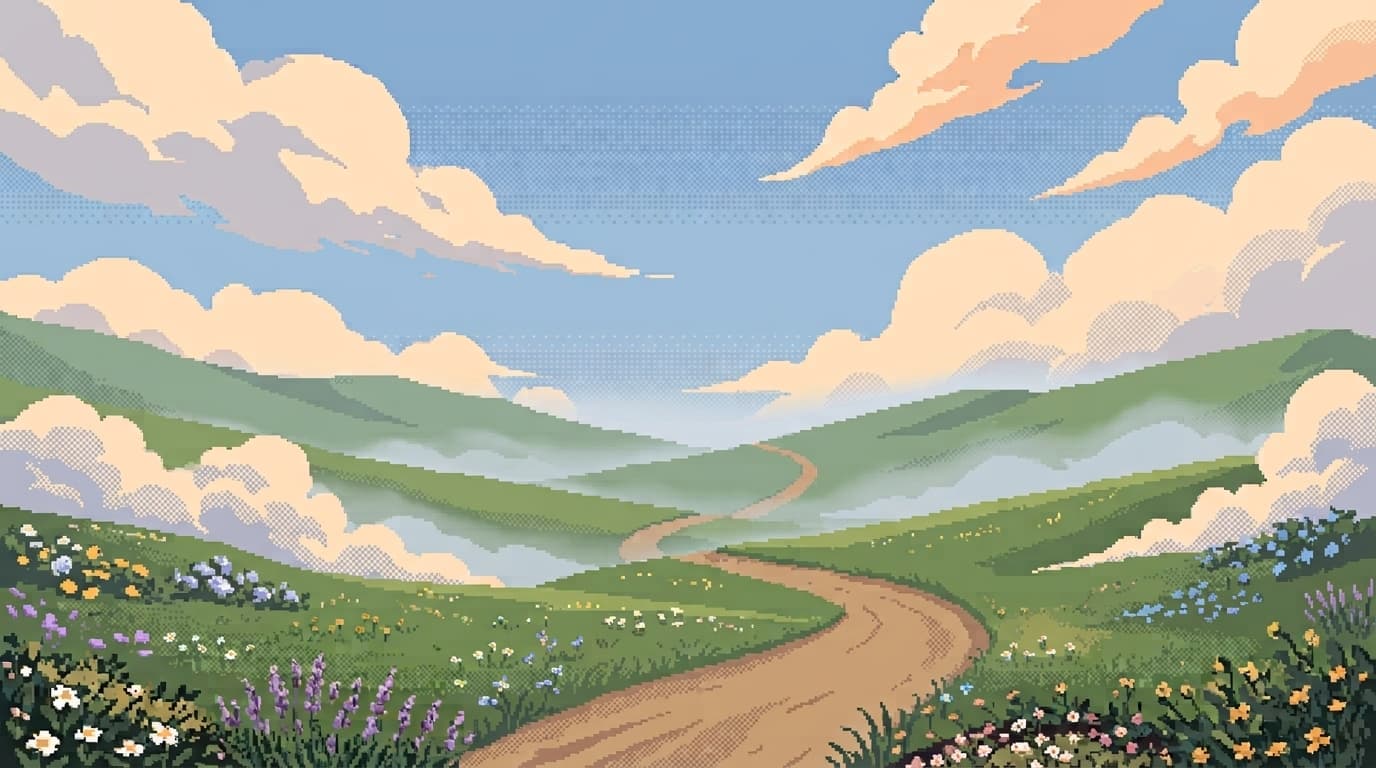 Painterly pixel-art illustration of a winding path through green hills under a wide cloudy sky, wildflowers along the edges.