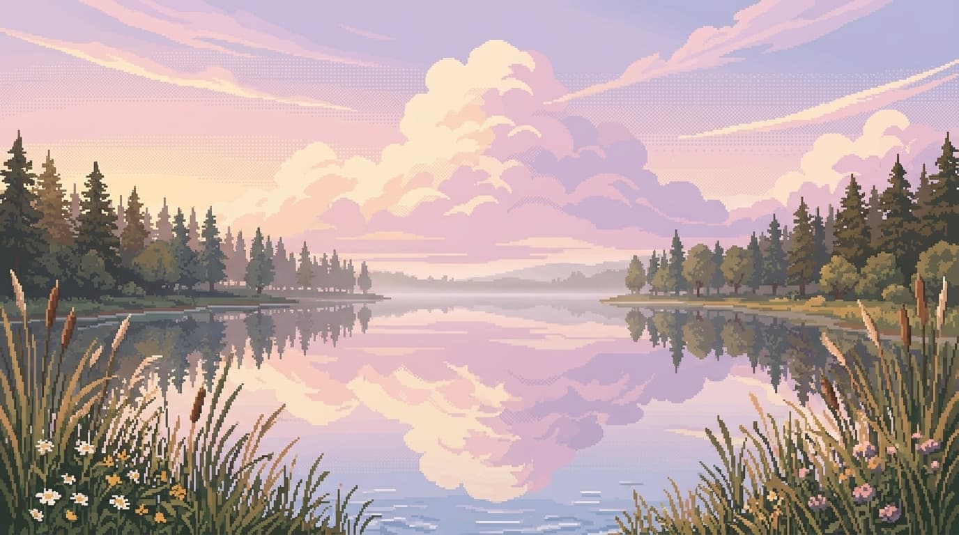 Painterly pixel-art illustration of a calm lake at dawn reflecting a pink and lavender sky.