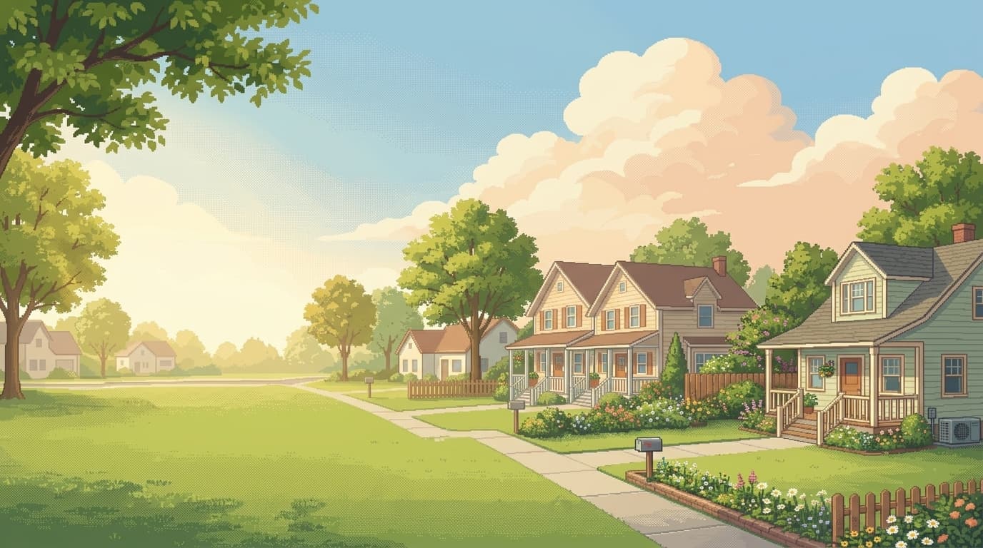 Painterly pixel-art illustration of a quiet neighborhood at sunrise: open sky above, houses along the lower right.