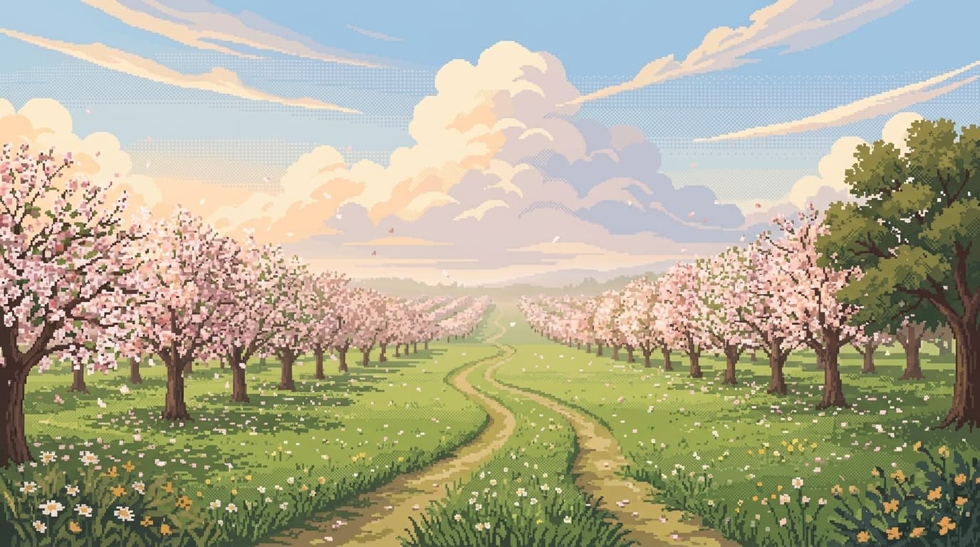 Painterly pixel-art illustration of a spring orchard path lined with blossoming cherry trees under a soft sky.