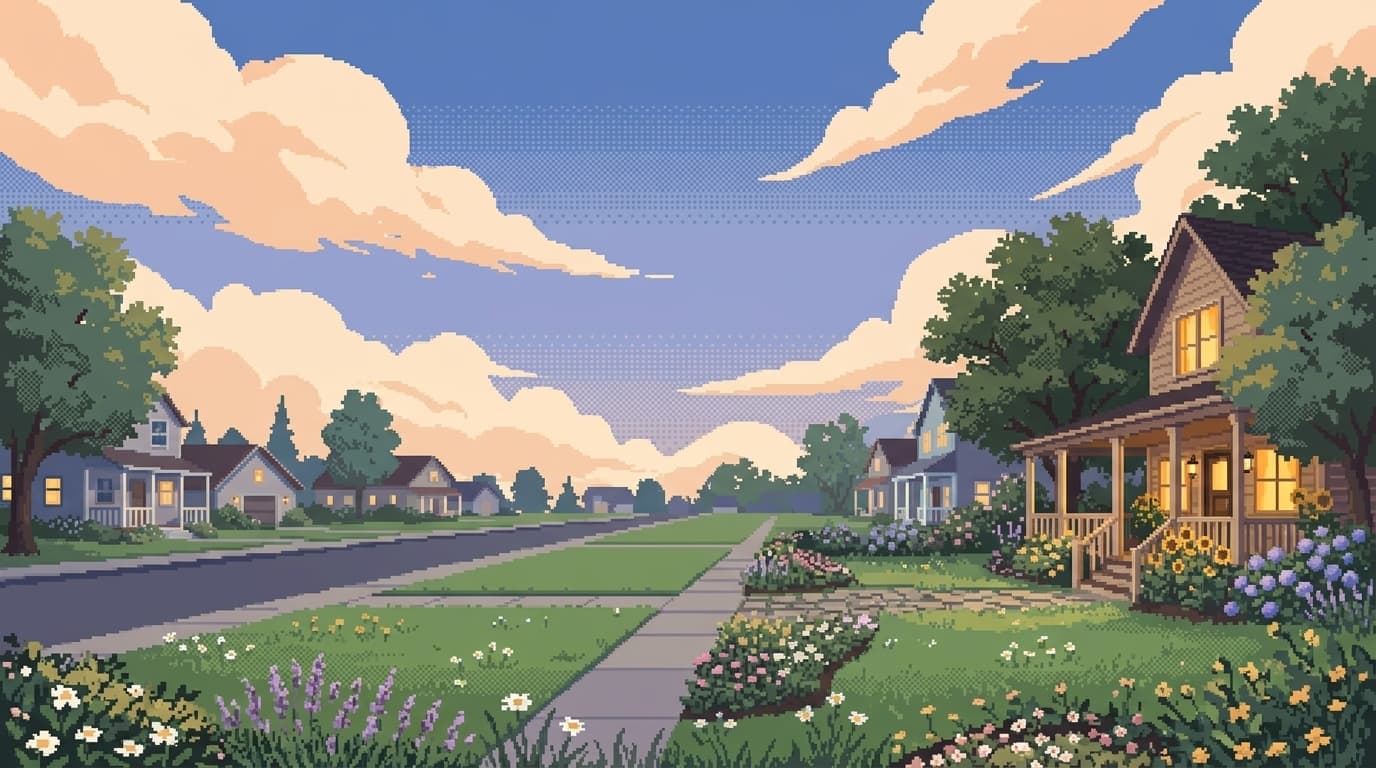 Painterly pixel-art illustration of a porch at dusk: a deep blue evening sky above, warm porch lights glowing on the right.